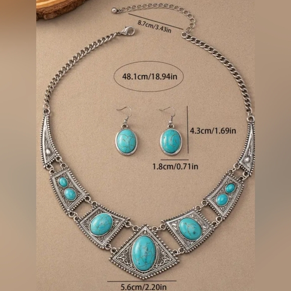 NEW Turquoise Western Silver Statement Necklace and Earring Gift Set Preppy - Picture 4 of 4